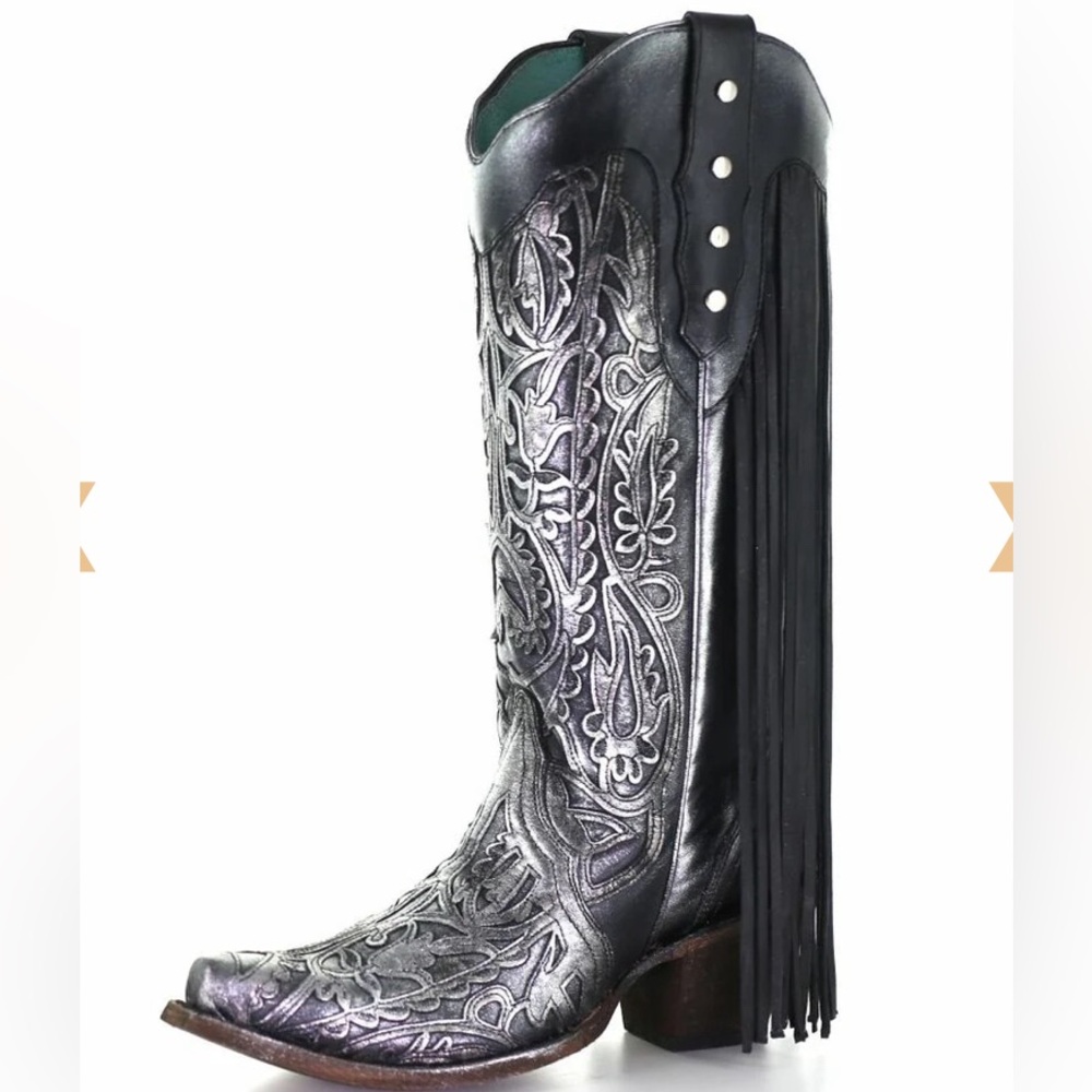 Corral Floral Inlay Leather Fringe Cowboy Boots